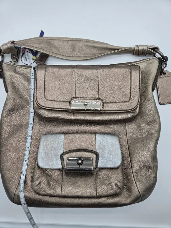 Coach Kristen Metallic Slouch Leather Handbag Hobo Shoulder Bag Front Pocket w/ - Picture 4 of 12